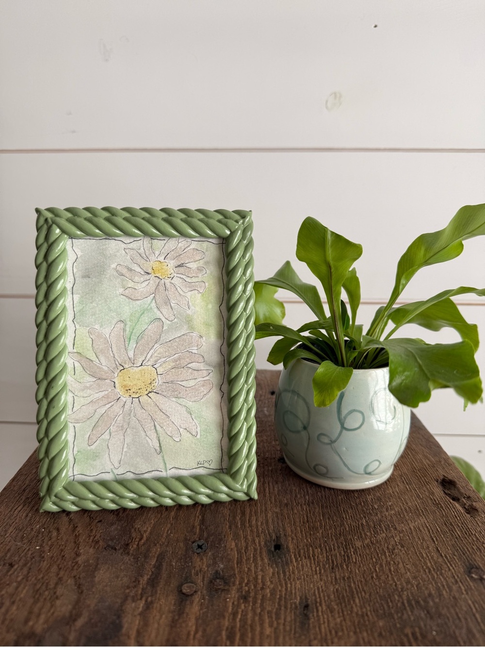 Hand crafted watercolor original in 4x6 green frame
